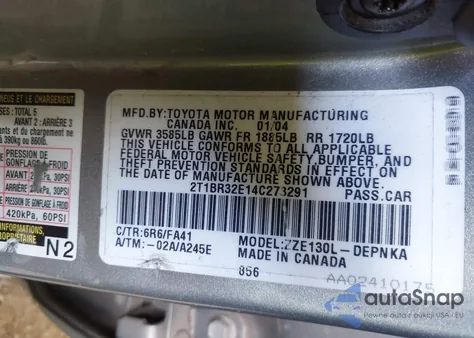 2004 Toyota Corolla Le из США, поврежденный, VIN 2T1BR32E14C273291